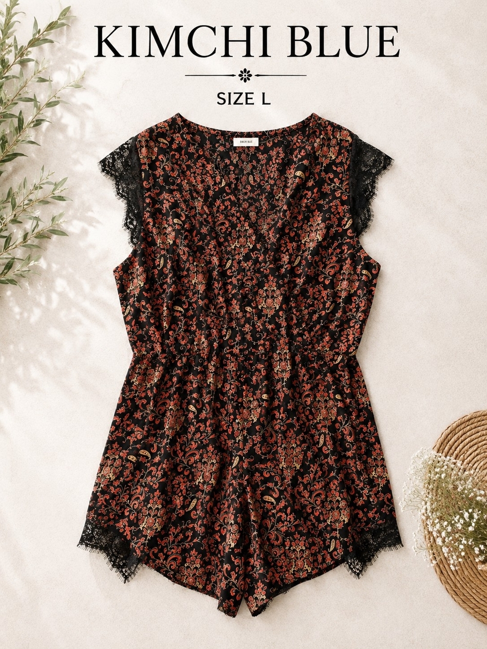 Kimchi Blue Black Floral Paisley Lace Trim Romper Size L